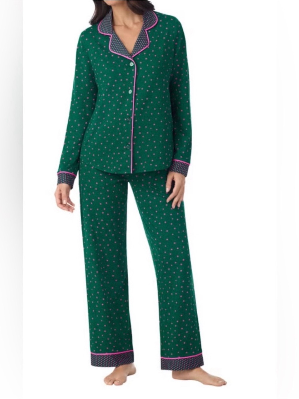 NWT Room Service Notch Collar Pajama Set Ladies sz L 12 14 Green with Pink stars